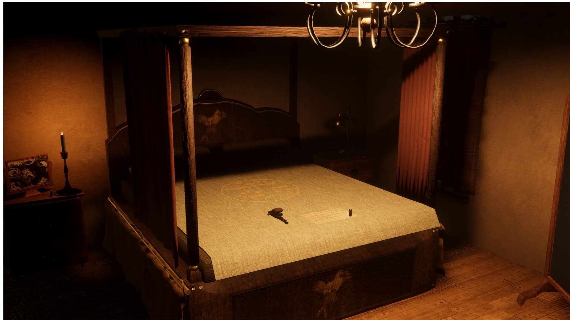 Karakam: a dim bedroom with a key and a note left on the bed.