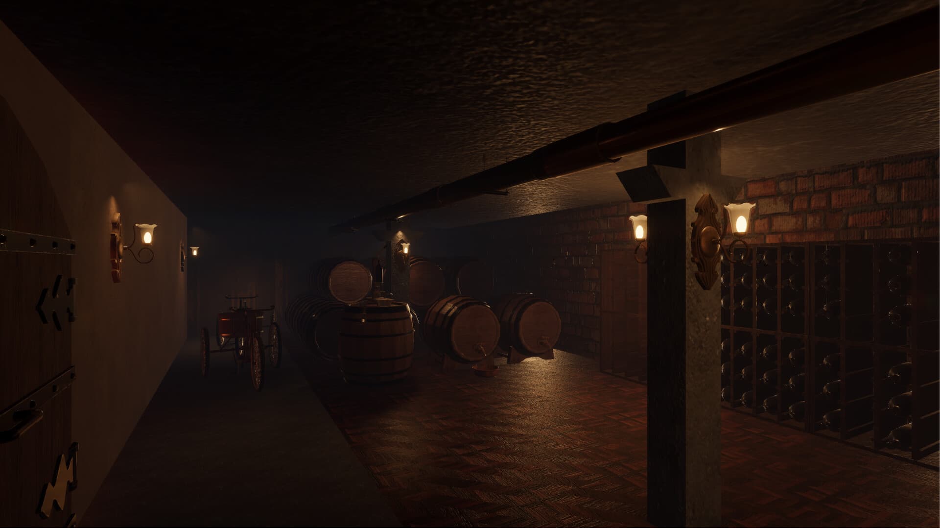 Karakam: a dimly lit cellar filled with wooden barrels and bottle racks.